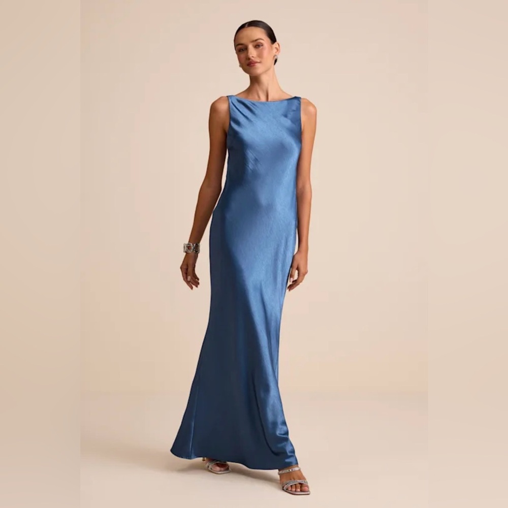 NWT Lulus Slate Blue Satin Sleeveless Cowl Back Maxi Dress